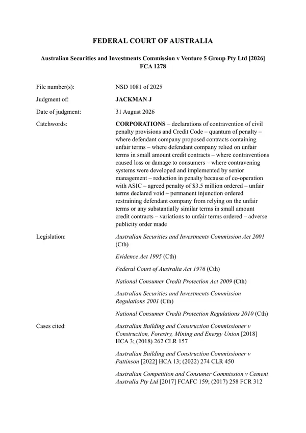 First page of ASIC v Venture 5 Group Pty Ltd [2026] FCA 1278
