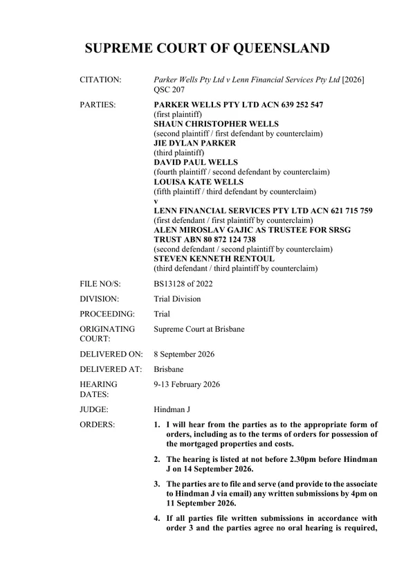 First page of Parker Wells v Lenn Financial Services [2026] QSC 207