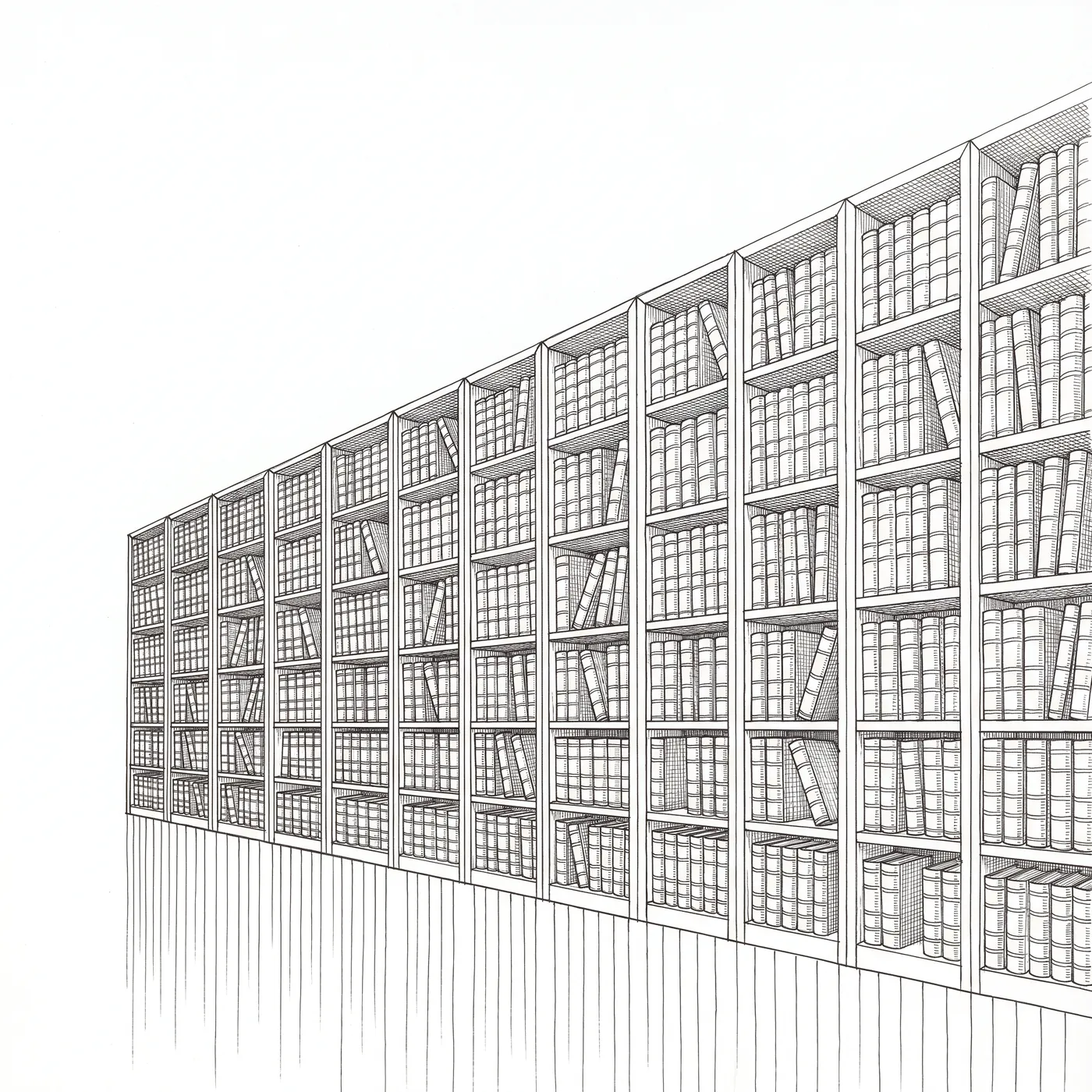 Ink line drawing of library shelves of bound law reports