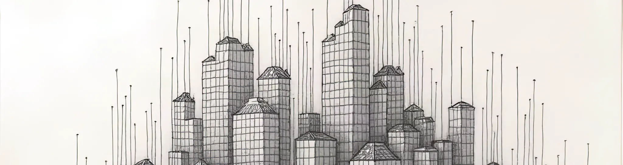 Ink line drawing of densely stacked tower blocks