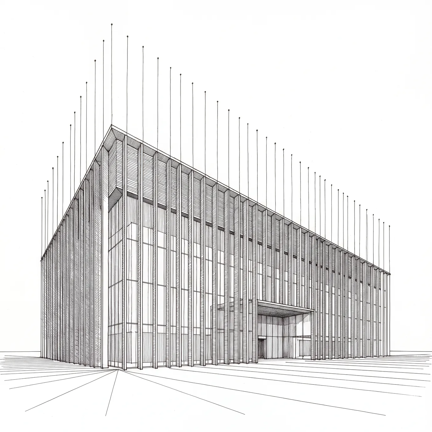 Ink line drawing of the Queen Elizabeth II Courts of Law in Brisbane, home of the Supreme Court of Queensland